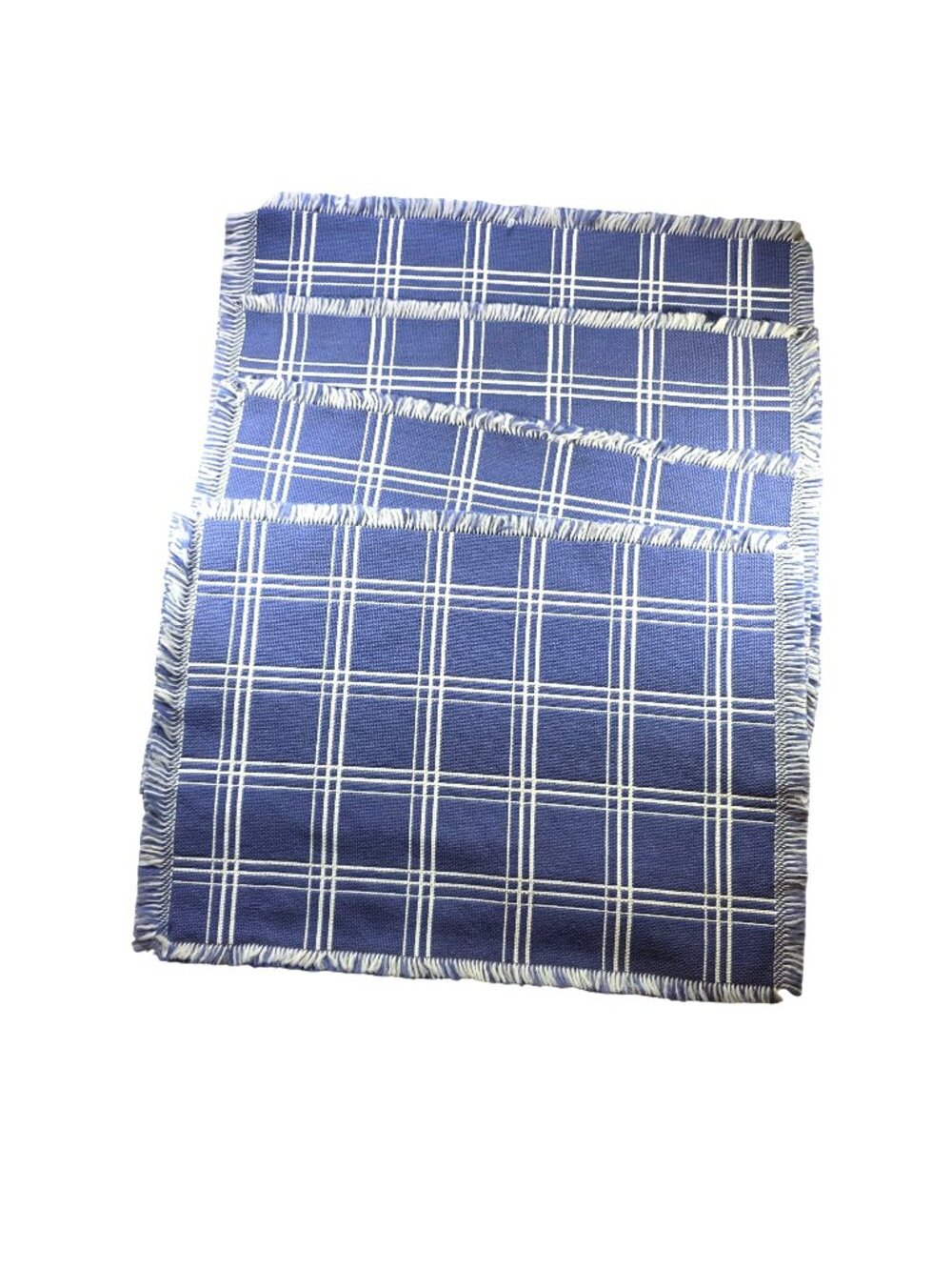 Set Of 4 Placemats Blue White Plaid Woven Fringe reversible beach house coastal